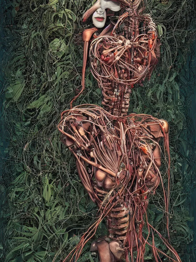 Prompt: portrait of a beautiful female android robot holding a realistic anatomical heart in her hands and crying, there are wires coming from her heart, tangled and entwined with her long flowing hair, mecha, biopunk, skeleton bones, surrounded by tropical plants, black background, painting by Dan Witz