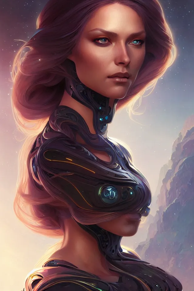 Image similar to futuristic woman portrait, sci-fi, amber eyes, face, long hair, fantasy, intricate, elegant, highly detailed, digital painting, artstation, concept art, smooth, sharp focus, illustration, art by artgerm and greg rutkowski and alphonse mucha