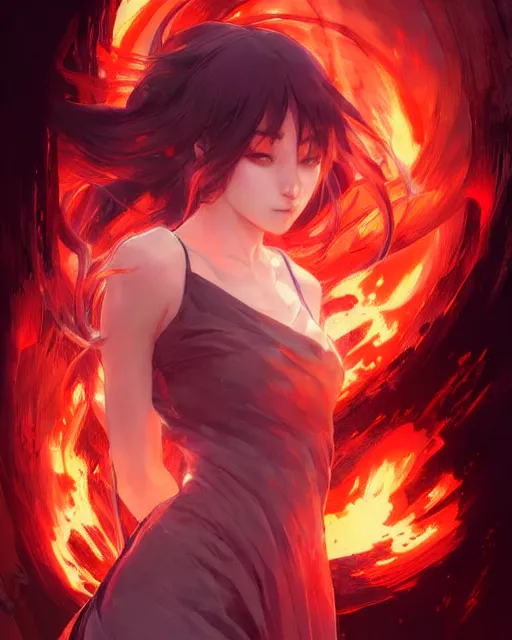 Image similar to red eyed anime girl, flames everywhere, highly detailed, digital painting, artstation, concept art, smooth, sharp focus, illustration, art by artgerm and greg rutkowski and alphonse mucha