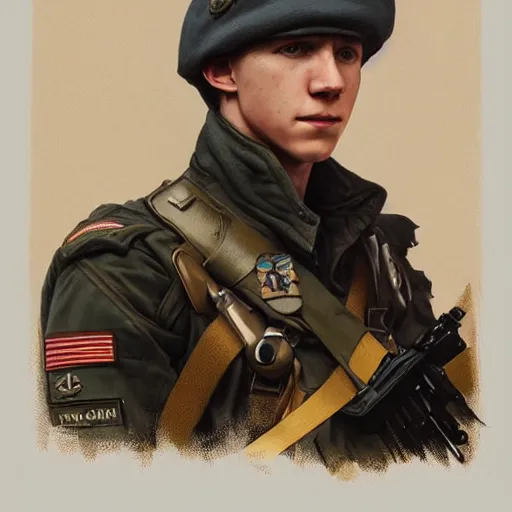 Prompt: Portrait of Tom Holland as a military officer, intricate, headshot, highly detailed, digital painting, artstation, concept art, sharp focus, cinematic lighting, illustration, art by artgerm and greg rutkowski, alphonse mucha, cgsociety