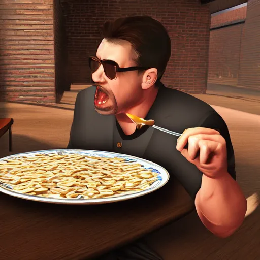 Image similar to jc denton from deus ex eats cereal at a table, liberty island, high quality, photorealistic, highly detailed face, 4 k, hd