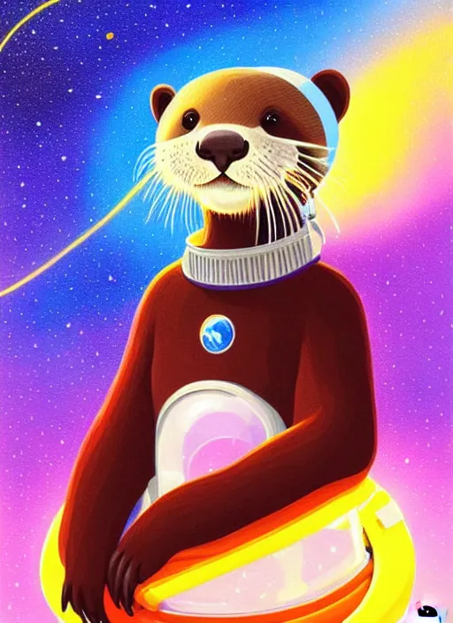 Image similar to a portrait of a cute otter with a space helmet, swimming through a colorful galaxy!!!!!!!!!!!, detailed, artstation, art by rhads and miyazaki