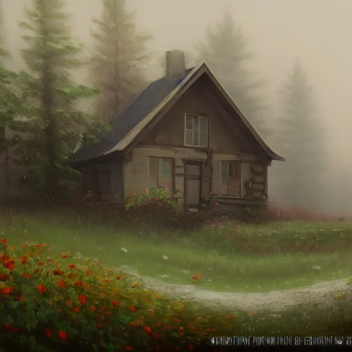 Prompt: a matte painting of a prairie, cottage close up, snow, foggy, patchy flowers, oil painting, pale colors, high detail, 8 k, wide angle, trending on artstation,