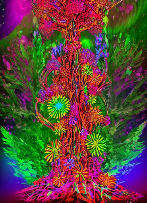 Image similar to a psychedelic totem made of trees and multicolor flowers, fulcolor octane remder, cinematic