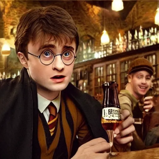 Prompt: beautiful harry potter drinking in a pub