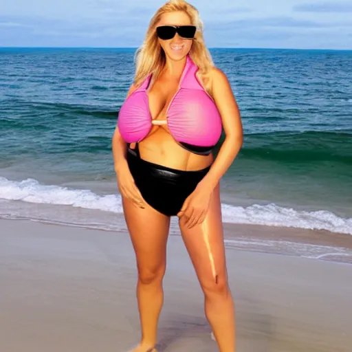 Image similar to photograph of a blonde woman in a wetsuit on the beach with a hugely inflated body. she's overinflated and about to burst.