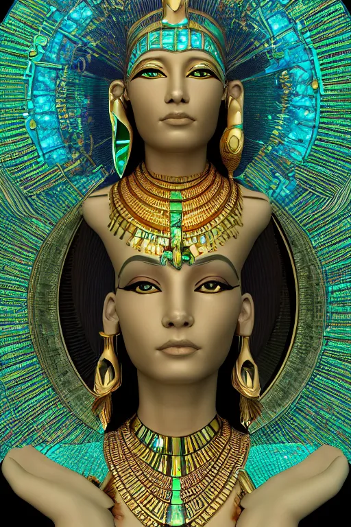 Image similar to a photo of a beautiful egyptian ancient alien woman goddess in jewelery and fractals art nuvo alphonse mucha trending on artstation made in unreal engine 4 octane render in 8 k