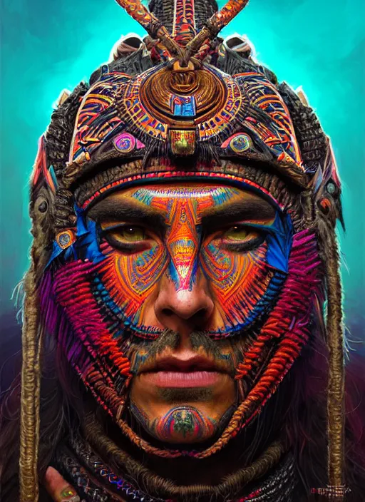 Image similar to portrait of tom ellis, hyper detailed ultra sharp aztec shaman warrior. trending on artstation, warpaint aesthetic, bloodwave, colorful, psychedelic, ornate, intricate, digital painting, concept art, smooth, sharp focus, illustration, art by artgerm and greg rutkowski and h. r. giger, 8 k