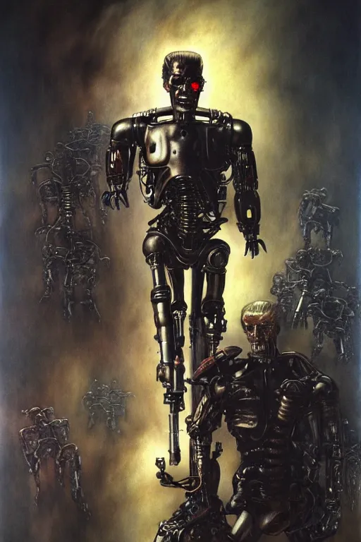 Prompt: the terminator in the style of wayne barlowe, gustav moreau, goward, bussiere, roberto ferri, santiago caruso, luis ricardo falero, frazetta