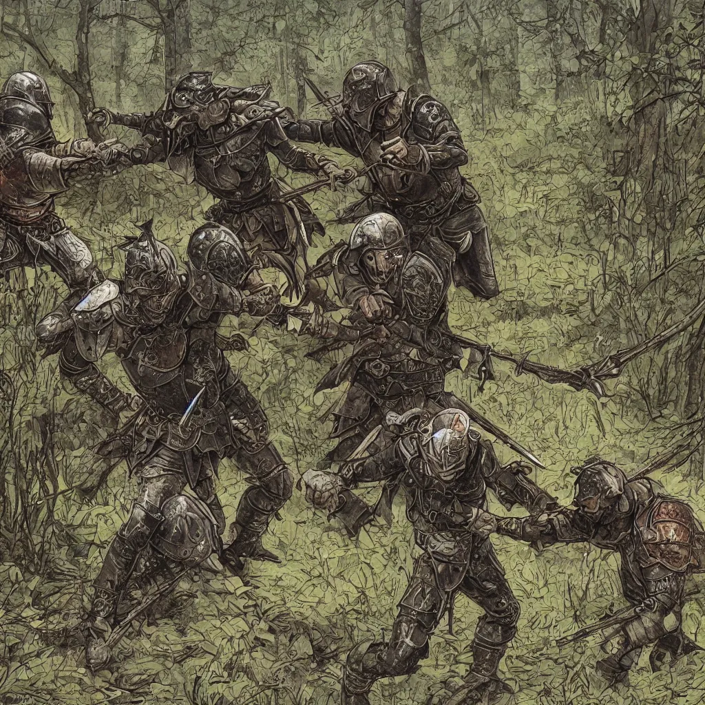 Image similar to dark gritty medieval duel between two mercenaries in gambesons and chainmails, muddy forest in the background, highly detailed illustration