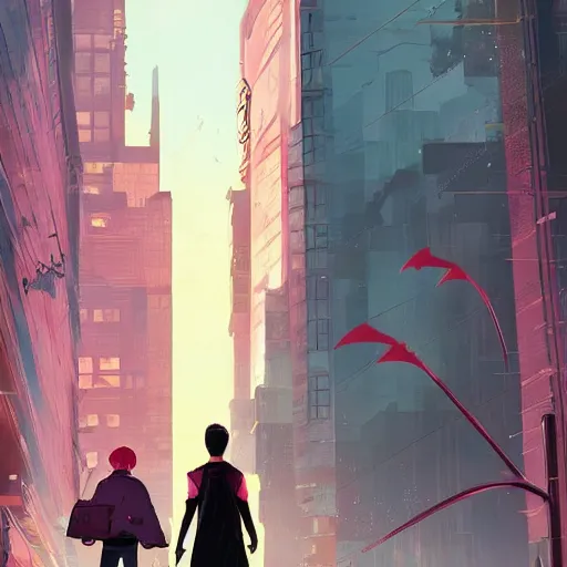 Image similar to damian wayne with pink haired friend, city landscape, Gotham, artstation, highly detailed, by makoto shinkai and thomas kindle and James gilleard