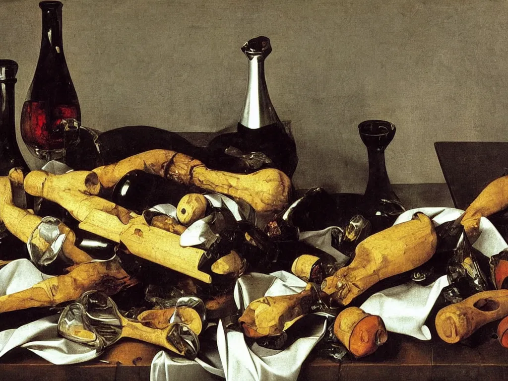 Image similar to by Michelangelo Merisi da Caravaggio Still Life with shattered and whole wine bottles