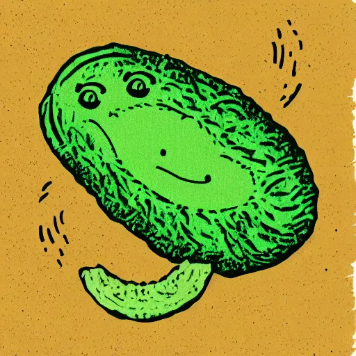 Prompt: linocut of a humanoid smiling pickle