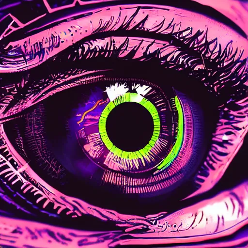 Image similar to cybernetic eye, digital illustration, photo - realistic, macro, extreme details, vivid, neon, dramatic lighting, futuristic, cyberpunk, intricate details