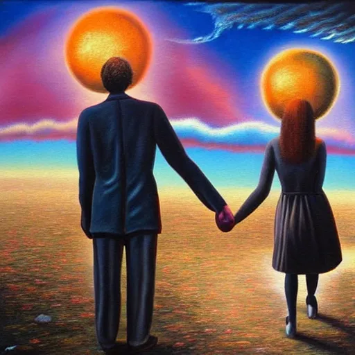 Image similar to couple walking hand in hand, in heaven and hell at the same time, surrealistic realistic painting, detailed