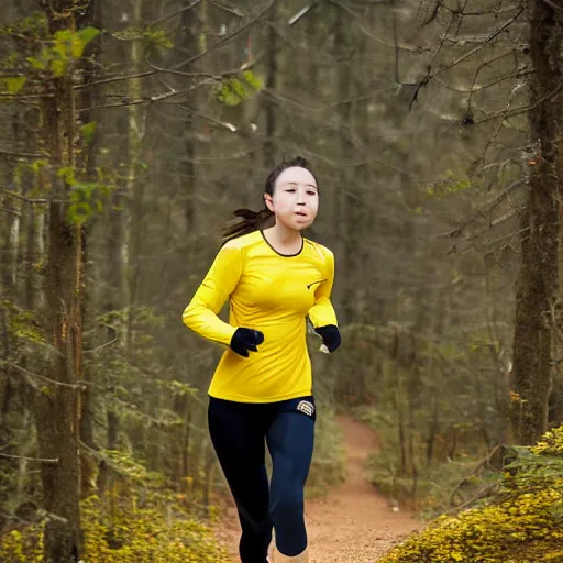 Image similar to a beautiful female orienteer wearing a yellow long - sleeved shirt and black tights runs in the forest, award winning photo, sigma 5 5.