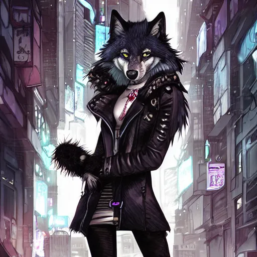 Prompt: beautiful furry art portrait commission of a furry anthro wolf fursona wearing punk clothes in the streets of a cyberpunk city. character design by charlie bowater, ross tran, rick griffin, miles df, detailed, inked, western comic book art