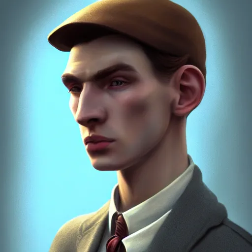 Image similar to A videogame portrait of a young Irish man with high cheekbones. Good bone structure. Dressed in 1940s style. Highly detailed, fine Art, high detail, great lighting, 8k resolution, masterpiece, concept art, illustration, clear eyes, painting oil on canvas, octane render, HDR, trending on artstation, 4k, 8k, HD