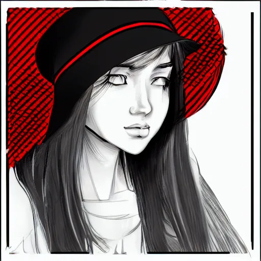 Image similar to highly detailed, teenage girl in a tall black hat with red strip, profile face, digital art, gray scale, anime style