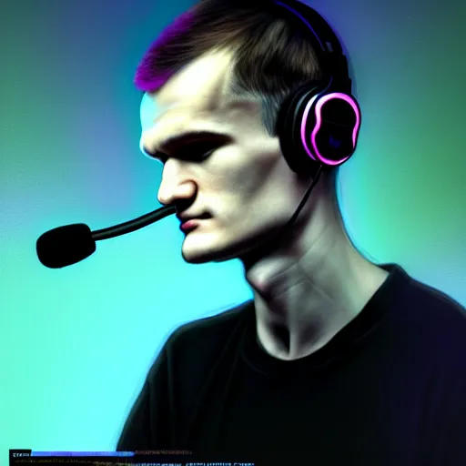 Image similar to vitalik buterin in big headphones with closed eyes listens to music with black background, wayne barlow, bao pham, donato giancola, larry elmore, masterpiece, trending on artstation, featured on pixiv, cinematic composition, beautiful lighting, sharp, details, hyper - detailed, hdr, 4 k, 8 k