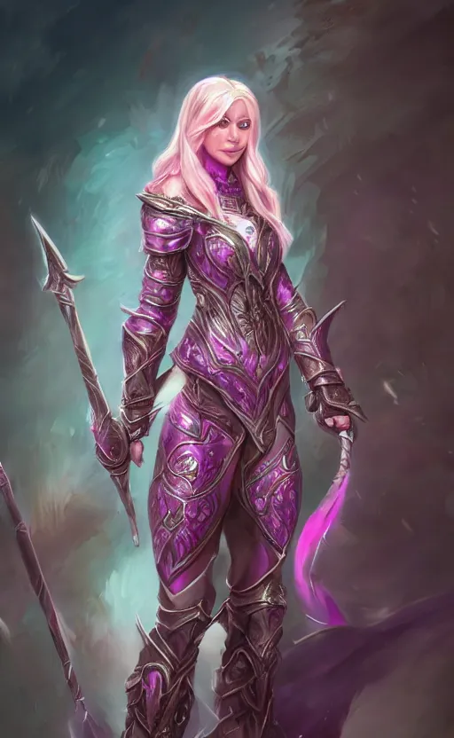 Image similar to a full body portrait of an elven woman with pink skin, and armor fit for a queen, wearing purple headphones, and smiling, dynamic lighting, photorealistic fantasy concept art, trending on art station, stunning visuals, creative, cinematic, ultra detailed