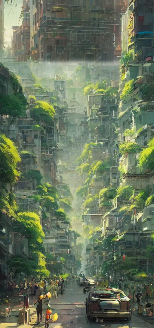 Image similar to Downtown solarpunk utopia, clean streets, green, optimistic, clean and sharp colors, by studio ghibli and greg rutkowski