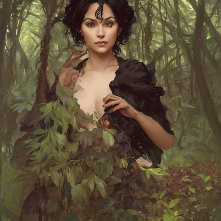 Prompt: portrait of short black hair woman in forest glade by artgerm, greg rutkowski, alphonse mucha, 8 k