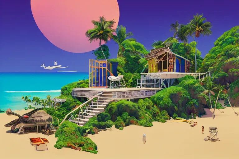 Image similar to a tropical beach cottage by paolo eleuteri serpieri and tomer hanuka and chesley bonestell and daniel merriam and tomokazu matsuyama, clearly defined outlines, unreal engine, high resolution render, featured on artstation, octane, 8 k, highly intricate details, vivid colors