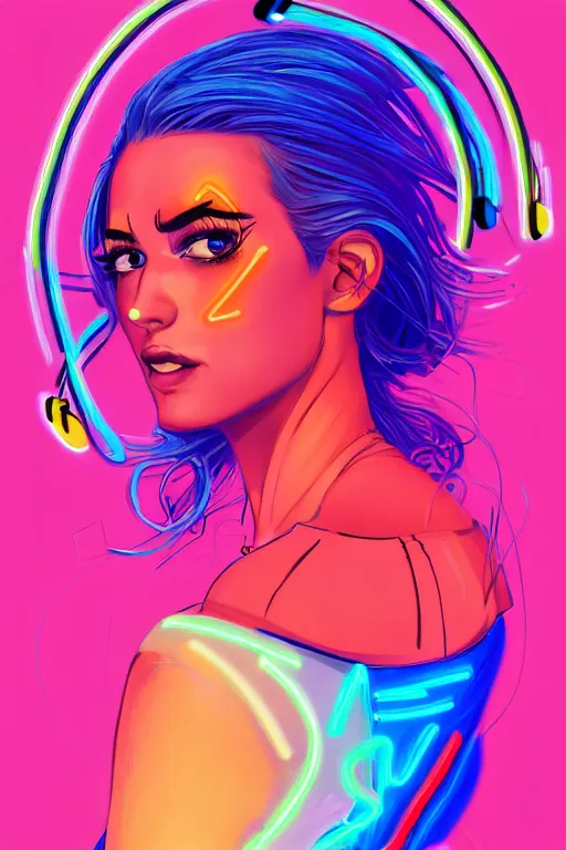 Image similar to a award winning portrait of a beautiful woman with stunning eyes in a one off shoulder croptop and cargo pants with rainbow colored hair, outlined by whirling illuminated neon lines and fine lines swirling in circles by rhads, digital art, trending on artstation