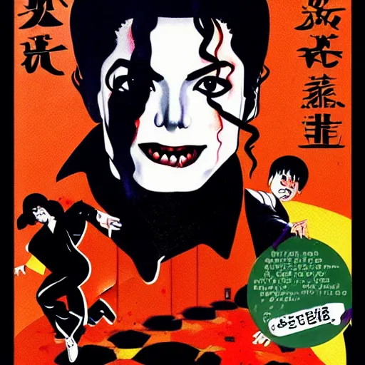 Prompt: glossy old advertising poster, michael jackson moonwalking!!!!! through crowded hong kong street, vendors, zombies, drawn comic by junji ito, pastels, gradient