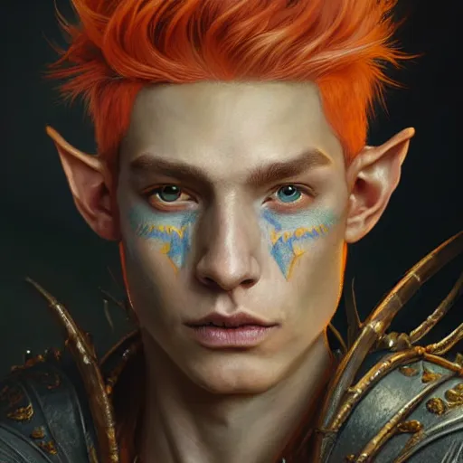 Image similar to portrait painting of an elven young man with short light orange hair and tribal tattoos on cheekbones wearing fur armor, ultra realistic, concept art, intricate details, eerie, highly detailed, photorealistic, octane render, 8 k, unreal engine. art by artgerm and greg rutkowski and charlie bowater and magali villeneuve and alphonse mucha