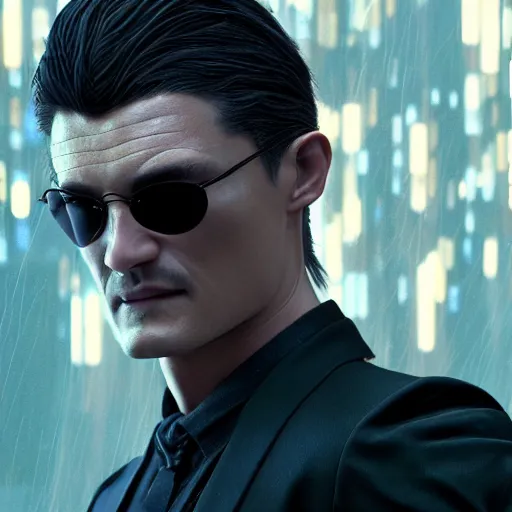 Image similar to hyperrealistic orlando bloom as neo from the matrix, stunning 3 d render inspired by istvan sandorfi & xiang duan, perfect symmetry, dim volumetric cinematic lighting, 8 k octane comprehensive render, extremely mega hyper - detailed and lifelike attributes & atmosphere, intricate, realistic flesh texture, masterpiece, artstation, stunning,