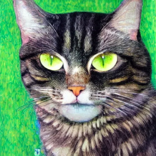 Image similar to portrait of a very fluffy dark tabby cat with green eyes, intricate, elegant, highly detailed, smooth, sharp focus, illustration, art by gustav klimt