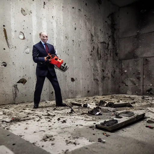 Image similar to putin with a chainsaw. in a concrete bunker with a pile of corpses. focus on putins face with blood splatters. canon eos r 3, f / 1. 4, iso 1 6 0 0, 1 / 8 0 s, 8 k, raw, grainy