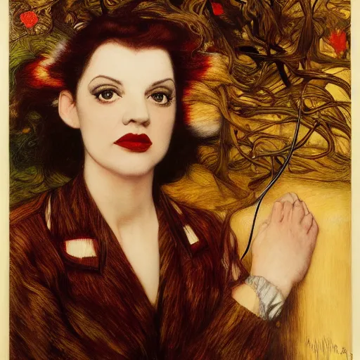 Prompt: portrait of a hybrid of judy garland and lady gaga with marfan syndrome, downward slanting eyes, with a brown fringe, holman hunt, john william waterhouse, kilian eng, rosetti, john everett millais, william holman hunt, 4 k