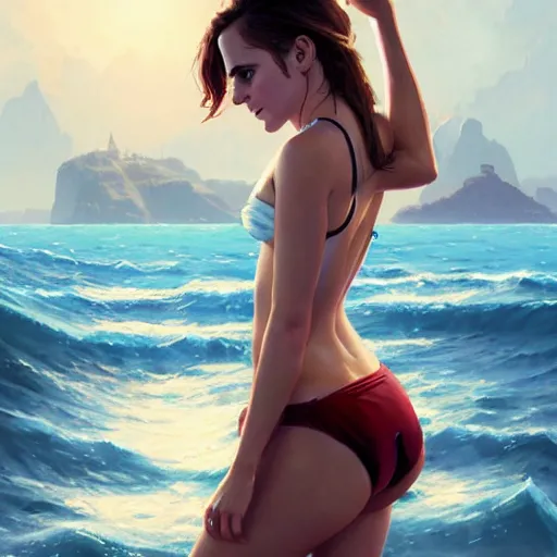 Prompt: highly detailed painting of emma watson wearing a bikini, gta 5 cover art style, stephen bliss, 8 k, by greg rutkowski, loish, rhads, artgerm, ferdinand knab, makoto shinkai and lois van baarle, ilya kuvshinov, rossdraws, global illumination, radiant light, detailed and intricate environment