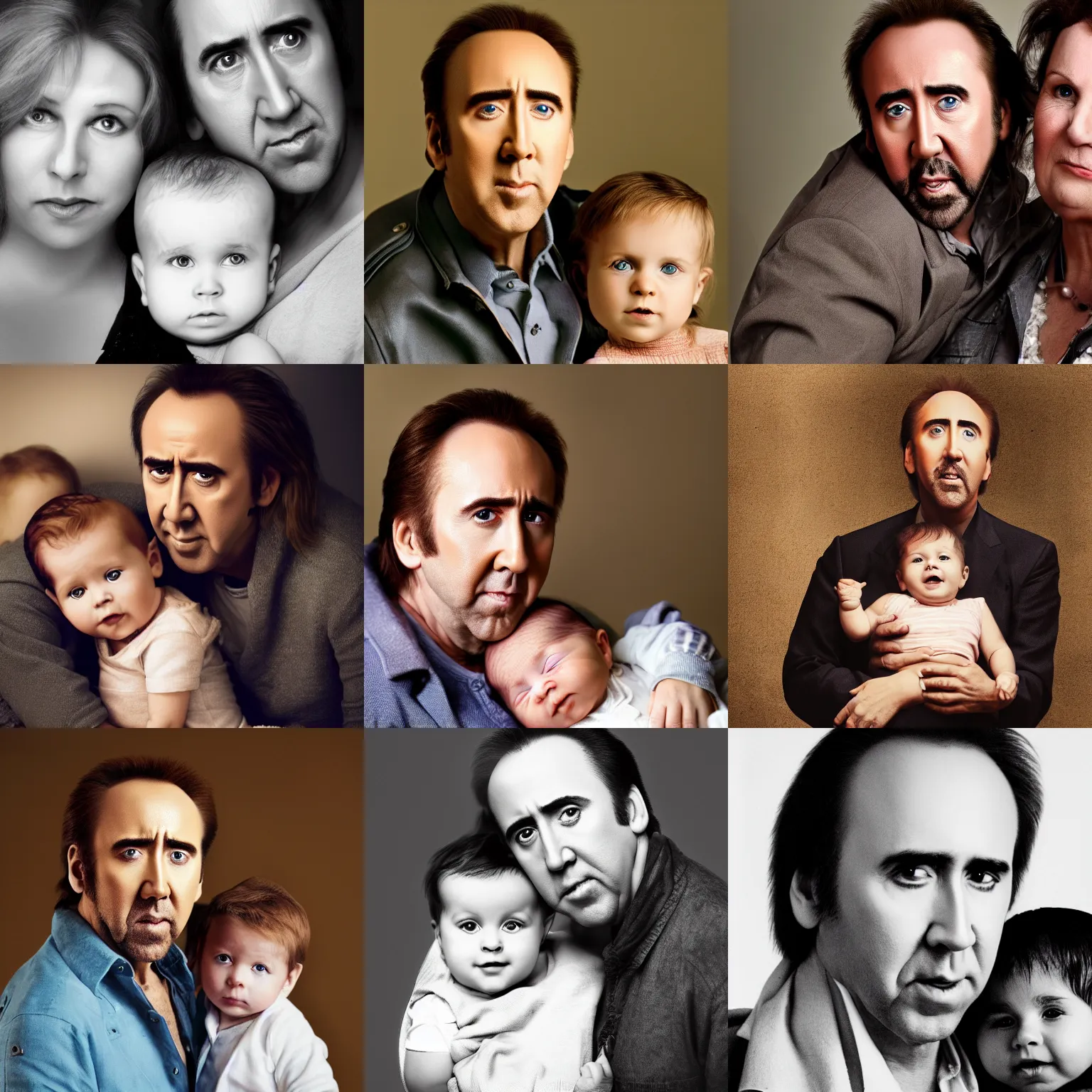 Prompt: nicolas cage as a baby in his mother's arms with adult face, maternal photography 4 k