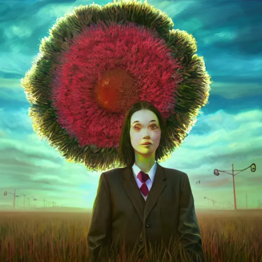 Image similar to giant daisy flower head, frontal, girl in a suit, surreal photography, sunrise, dramatic light, impressionist painting, digital painting, artstation, simon stalenhag