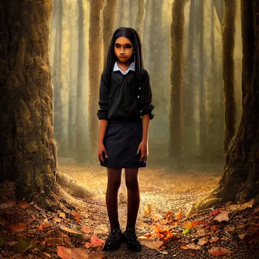 Prompt: hd kodachrome school portrait of shy fully clothed teenage brown - skinned fantasy witch, school uniform, grzegorz rutkowski, symmetry, dramatic lighting, high contrast, elfin beauty, deep dark forest, moody, natasha caine, naomi scott, young female himesh patel, indian prince edward, beautiful, quiet, intelligent, contemplative