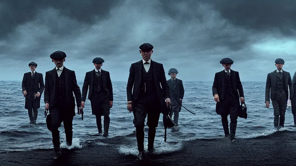 Prompt: photo of the Peaky Blinders coming out of the ocean, extreme detailed face, spaceship far on the background, film still from the movie directed by Denis Villeneuve with art direction by Zdzisław Beksiński, wide lens