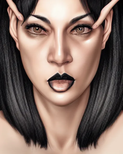 Image similar to portrait of a tall 4 0 - year - old woman with thin lips, long, voluminous black hair, and thick eyebrows, wearing in black clothes, hyper realistic face, beautiful eyes, character art, art by mark brooks, hyperdetailed, cryengine, trending on artstation, digital art