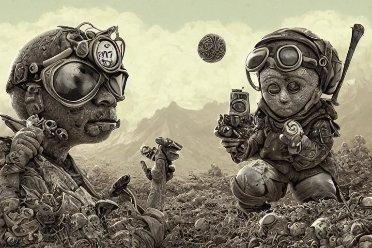 Image similar to a highly detailed forgotten garden gnome wearing goggles and head scarf surviving in a vast barren desert, hopeless wasteland background with a relentless raging sun overhead, post - apocalyptic road warrior vibe, dynamic pose, an ultrafine detailed painting by joe fenton, trending on deviantart, pop surrealism, whimsical, lowbrow, perfect symmetrical face, sharp focus, octane, masterpiece