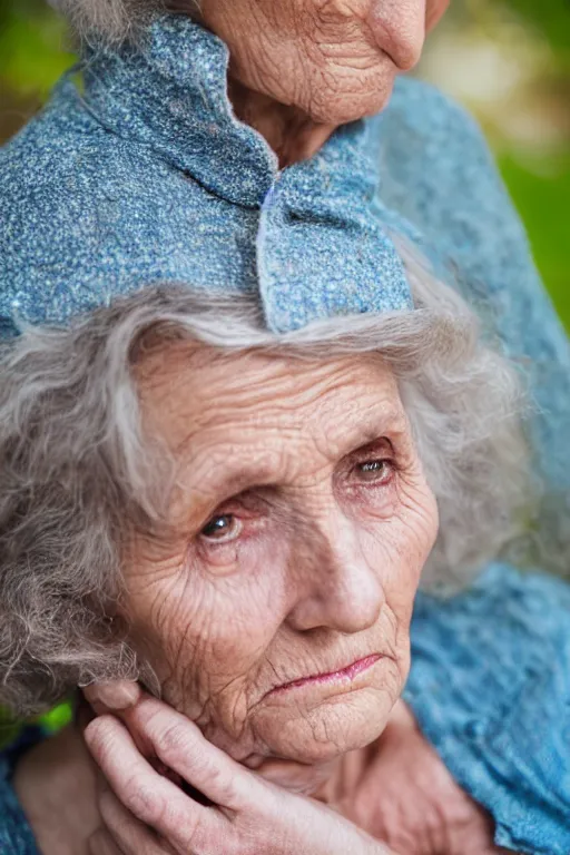 Prompt: older woman wrinkled wistful expression european sigma 1 0 5 mm f 2. 8 outdoors