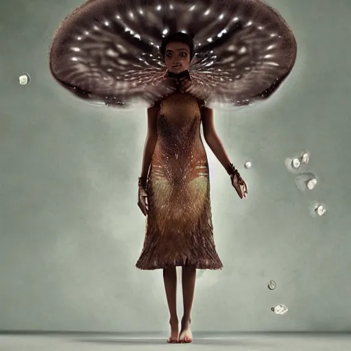 Image similar to medium shot of a brown woman wearing a luminous jelly fish armor. soft. fragile. by ray caesar. by louise dahl - wolfe. by andrea kowch. surreal photography