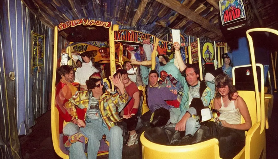 Prompt: 1990s photo of inside the Crazy Joe's Mystery House Show ride at Universal Studios in Orlando, Florida, riding a toilet car through Joe's nightmare , cinematic, UHD