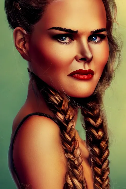 Image similar to mix of beautiful young maria shriver, mariel hemmingway, brooke shields, nicole kidman and elle macpherson as a snake girl with fangs, thin lips, hair tied up in a pony tail, dark blonde hair, colorful, artstation, cgsociety