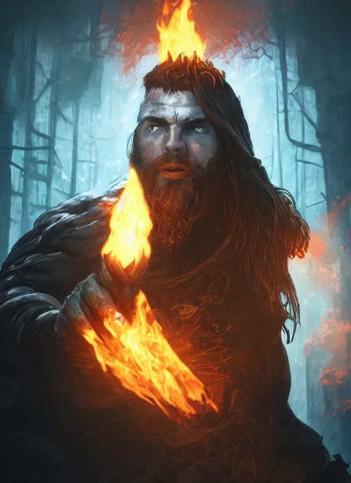 Prompt: A fantasy comic book style portrait painting of a brutal muscular male cleric druid spell casting flames in a atmospheric dark fortress, unreal 5, magician, DAZ, hyperrealistic, octane render, RPG portrait, ambient light, dynamic lighting