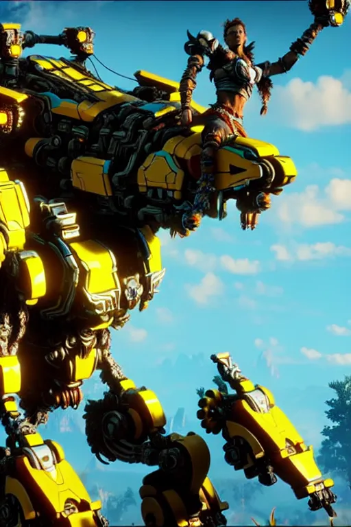 Image similar to a cinematic still from horizon zero dawn, yellow humanoid, yellow bumblebee mech, decepticon armor plating, octane render, nvidia raytracing demo, masterpiece, aged armor plating, aggressive head,