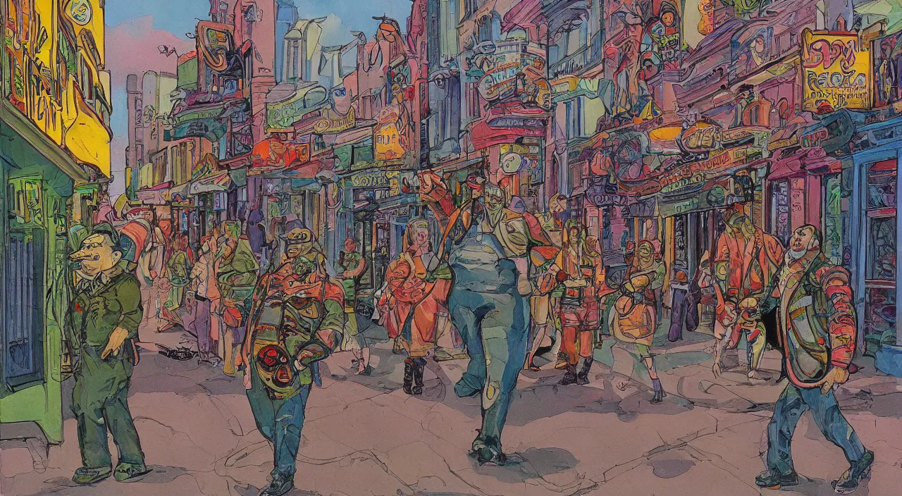 Prompt: landscape painting of a voluptuous cyborg walking in Haight-Ashbury in the style of R. Crumb,