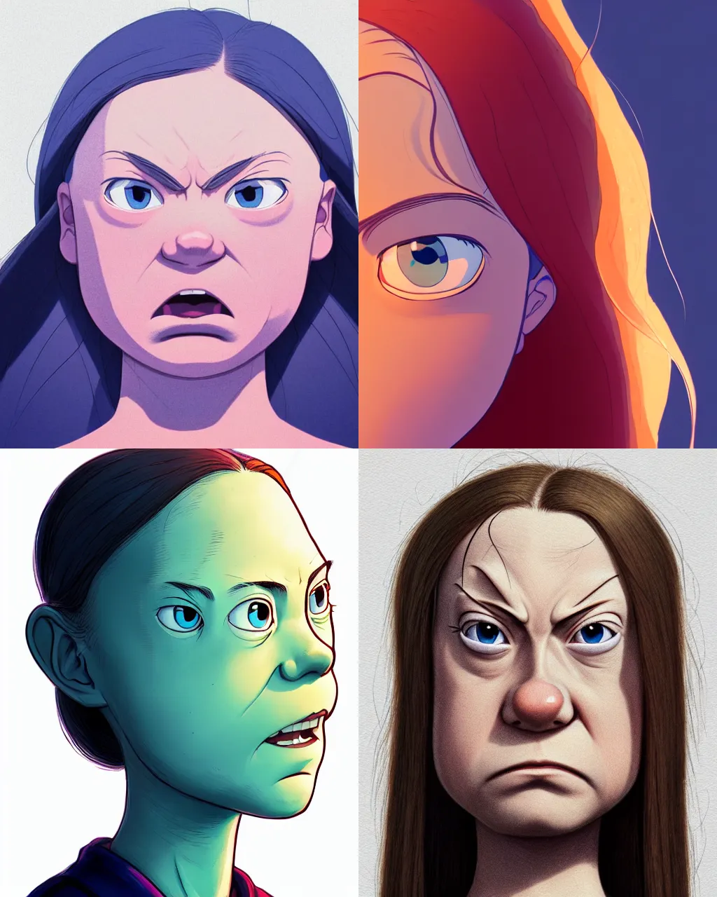 Image similar to centered!! macro head portrait of angry! furious mad disgusted queen greta thunberg, artstation, detailed cartoon, elegant, digital painting, concept art, smooth, sharp focus, illustration, ghibli, makoto shinkai, don bluth, fujita goro, jean giraud, akihiko yoshida, tom whalen 8 k